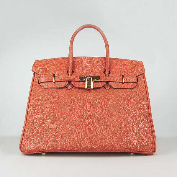 High Quality Fake Hermes Birkin 35CM Pearl Veins Leather Bag Orange 6089 - Click Image to Close